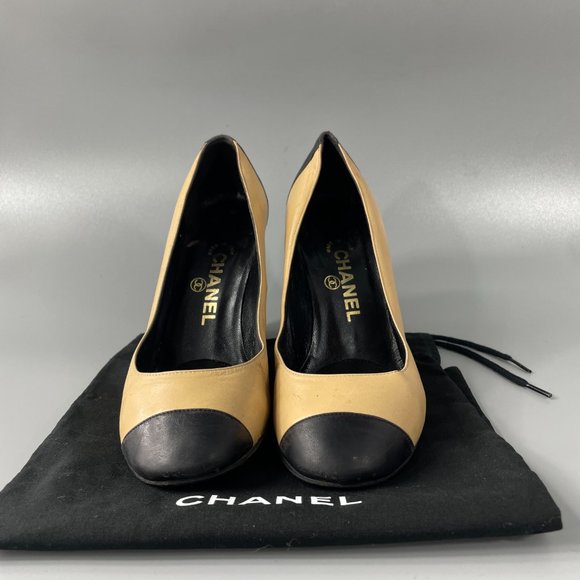 Authentic Chanel Tan and Black Cap-Toe Pumps,  Size 36 - Picture 3 of 12